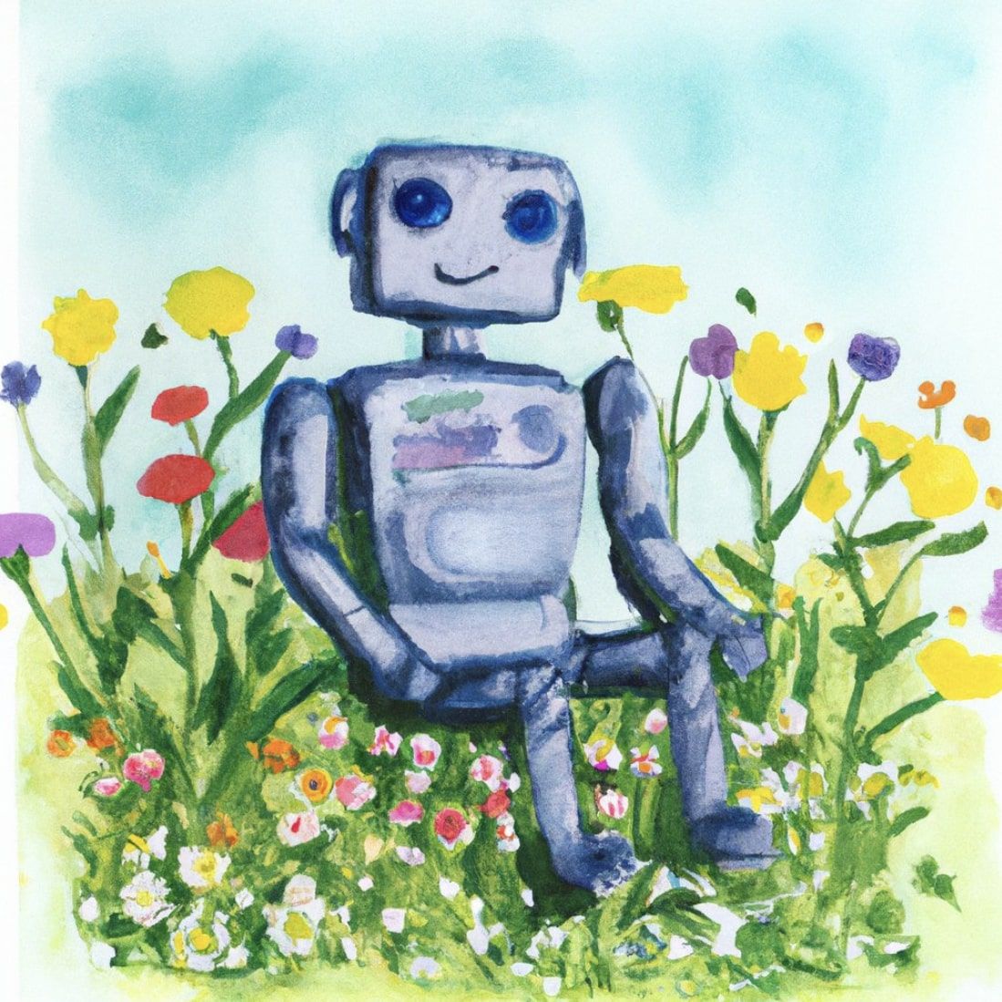 A cute robot sitting in a field of flowers